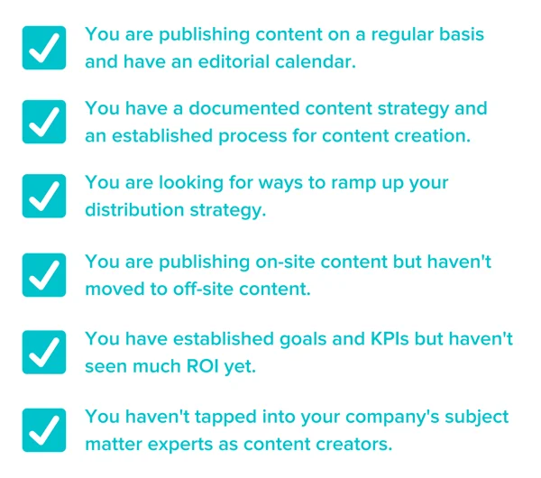 An infographic formatted like a checklist showing the signs that an organization has an intermediate content strategy.